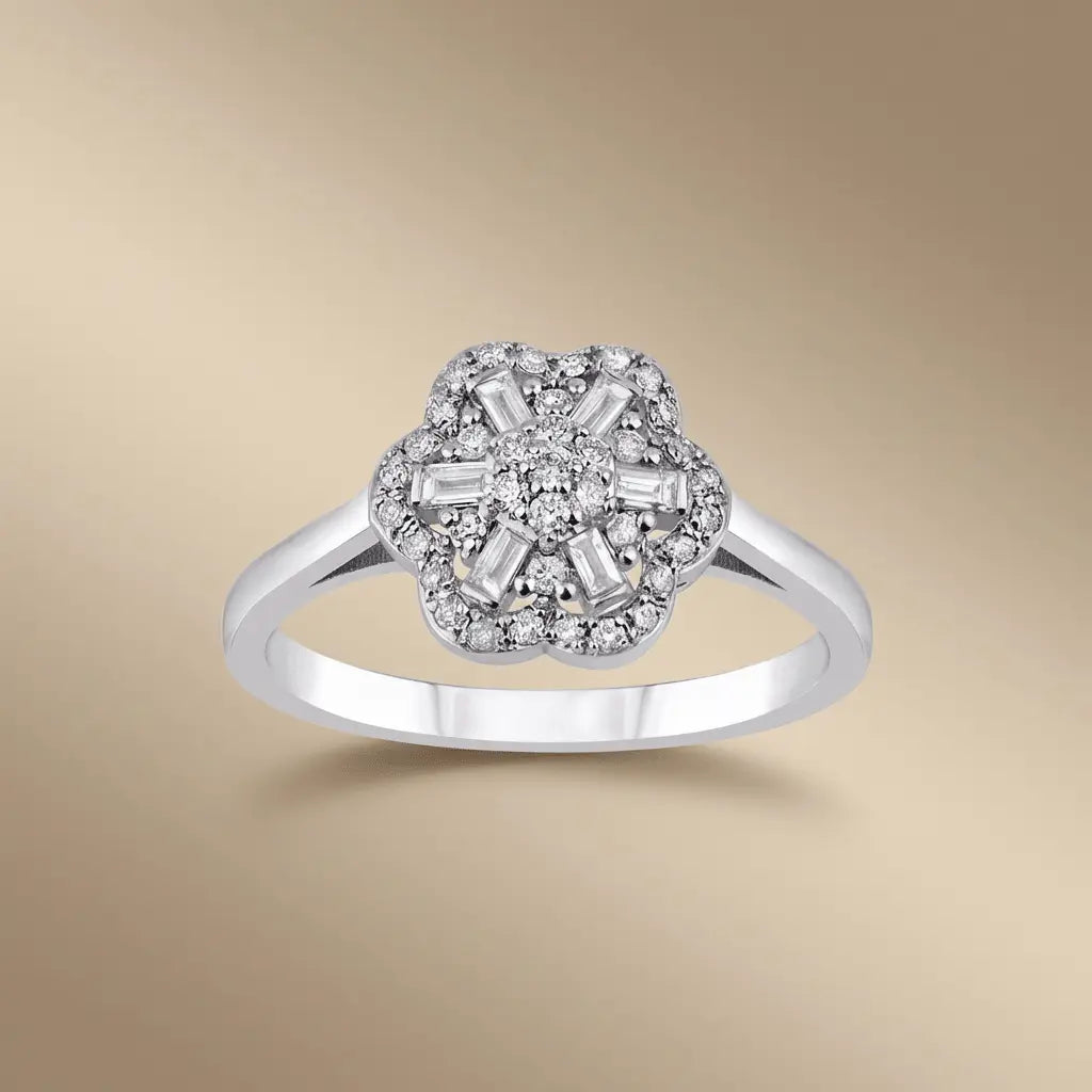 Vintage Flower Diamond Cluster Ring – 14K White Gold - Majestic Jewellery