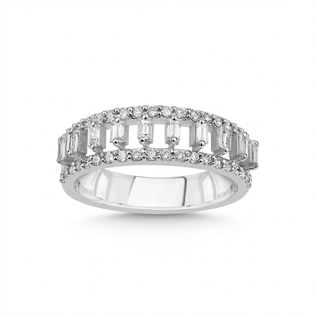 Baguette & Round Diamond Openwork Band Ring – 14K White Gold