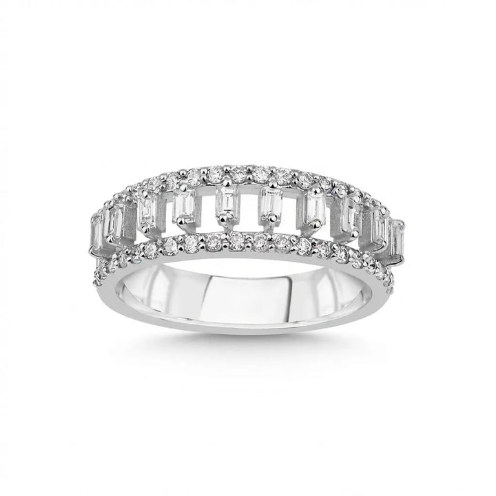 Baguette & Round Diamond Openwork Band Ring – 14K White Gold - Majestic Jewellery