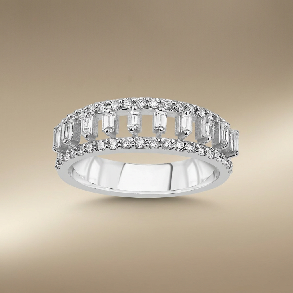 Baguette & Round Diamond Openwork Band Ring – 14K White Gold