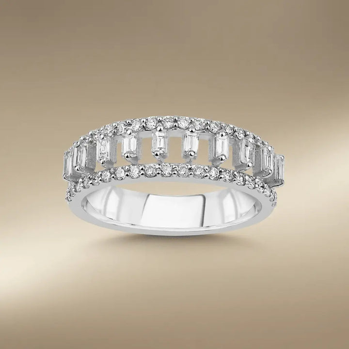 Baguette & Round Diamond Openwork Band Ring – 14K White Gold - Majestic Jewellery
