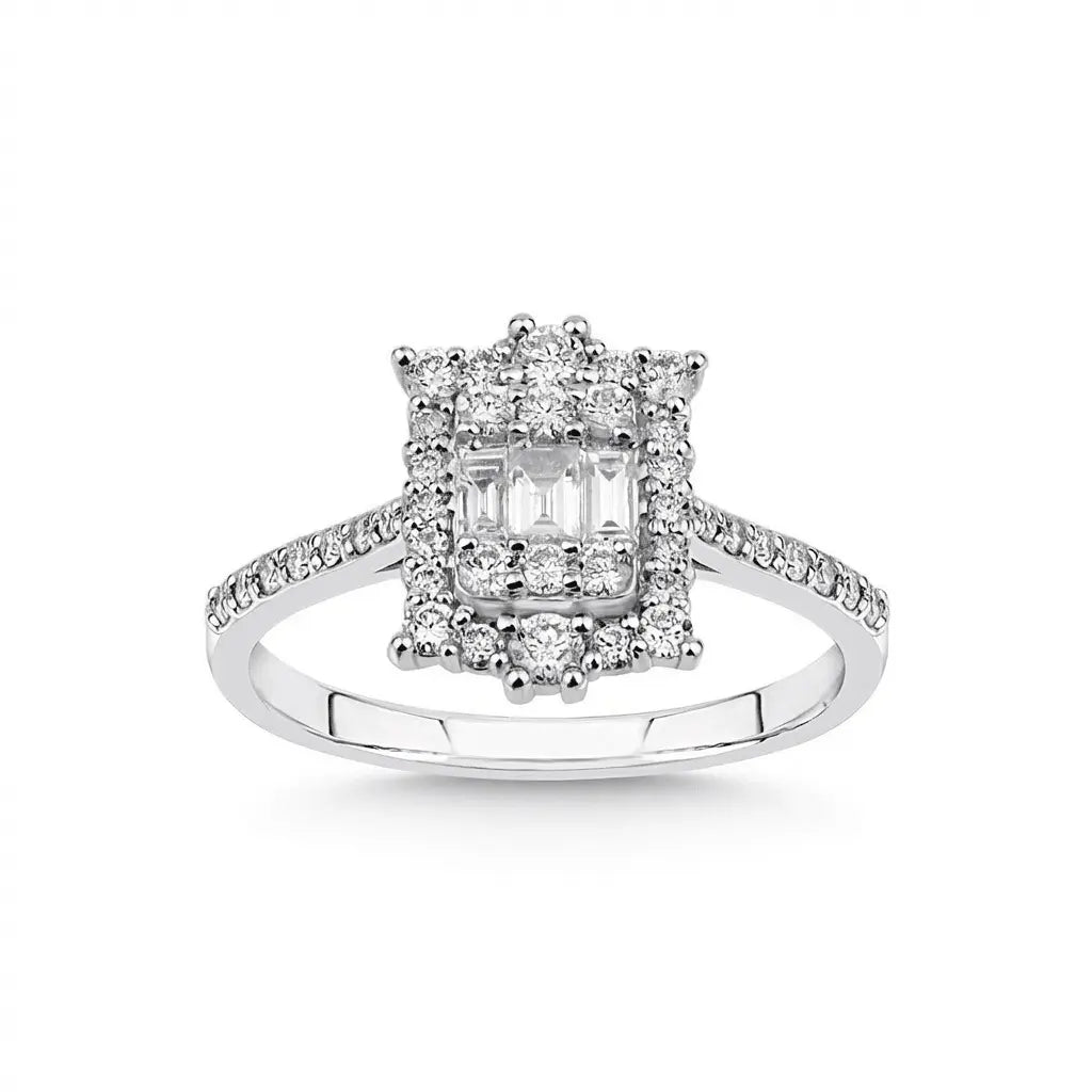 Baguette Center Double Halo Diamond Ring – 14K White Gold - Majestic Jewellery