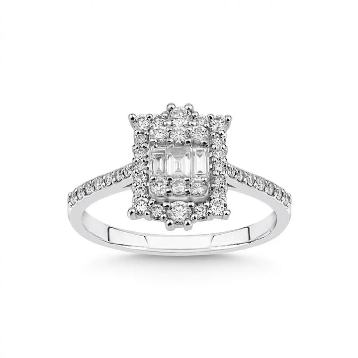 Baguette Center Double Halo Diamond Ring – 14K White Gold - Majestic Jewellery