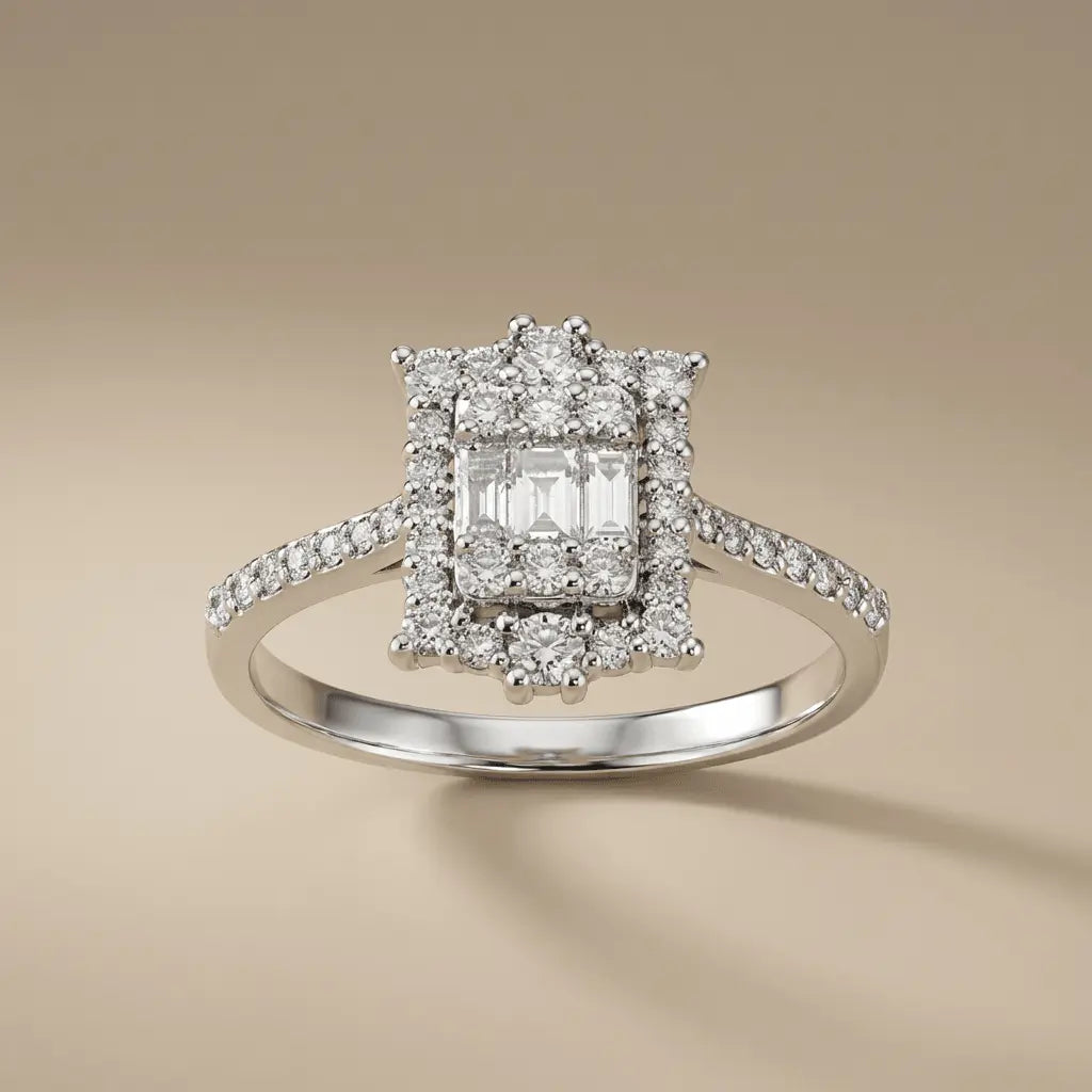 Baguette Center Double Halo Diamond Ring – 14K White Gold - Majestic Jewellery