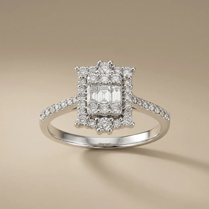 Baguette Center Double Halo Diamond Ring – 14K White Gold - Majestic Jewellery