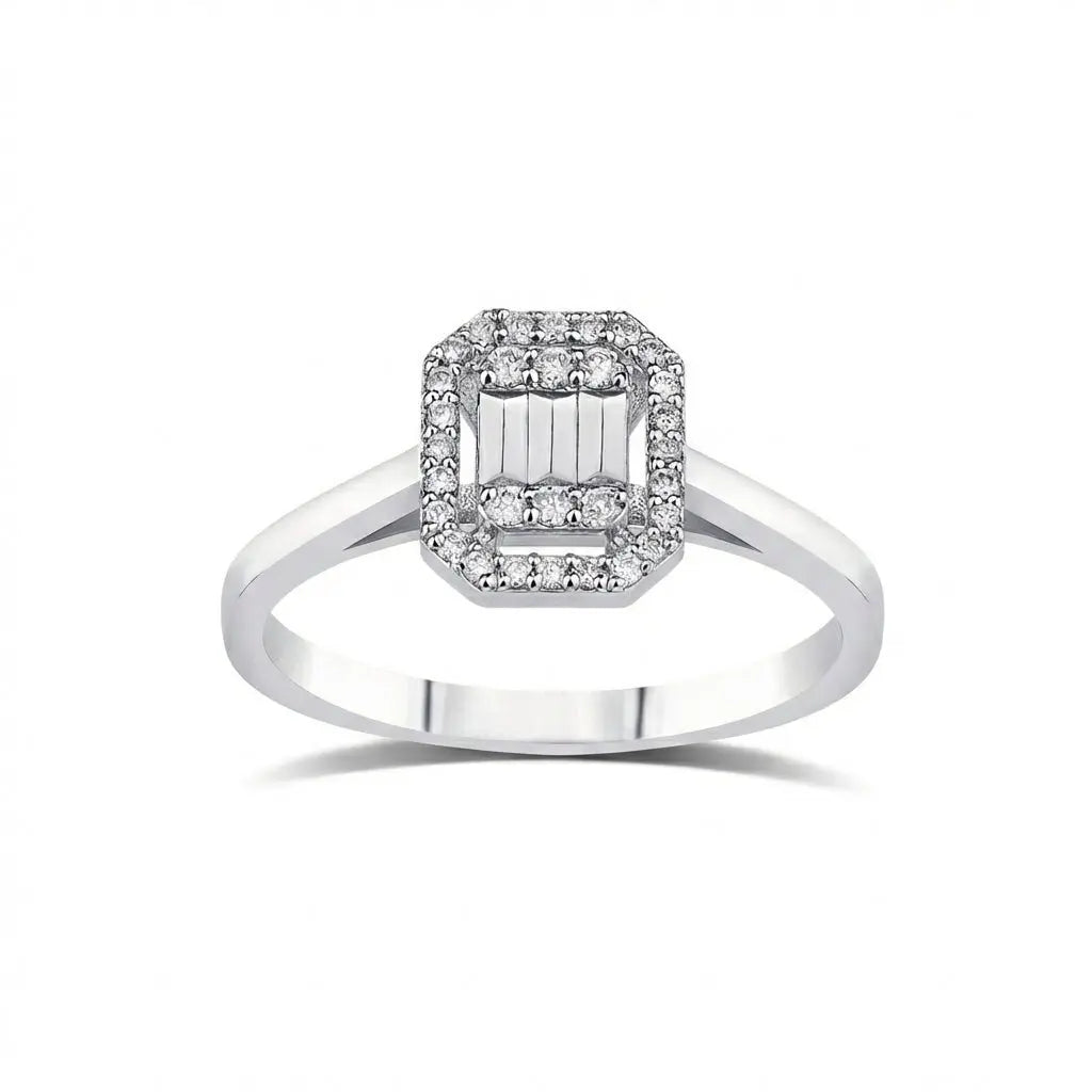 Octagon Halo Diamond Cluster Ring – 14K White Gold