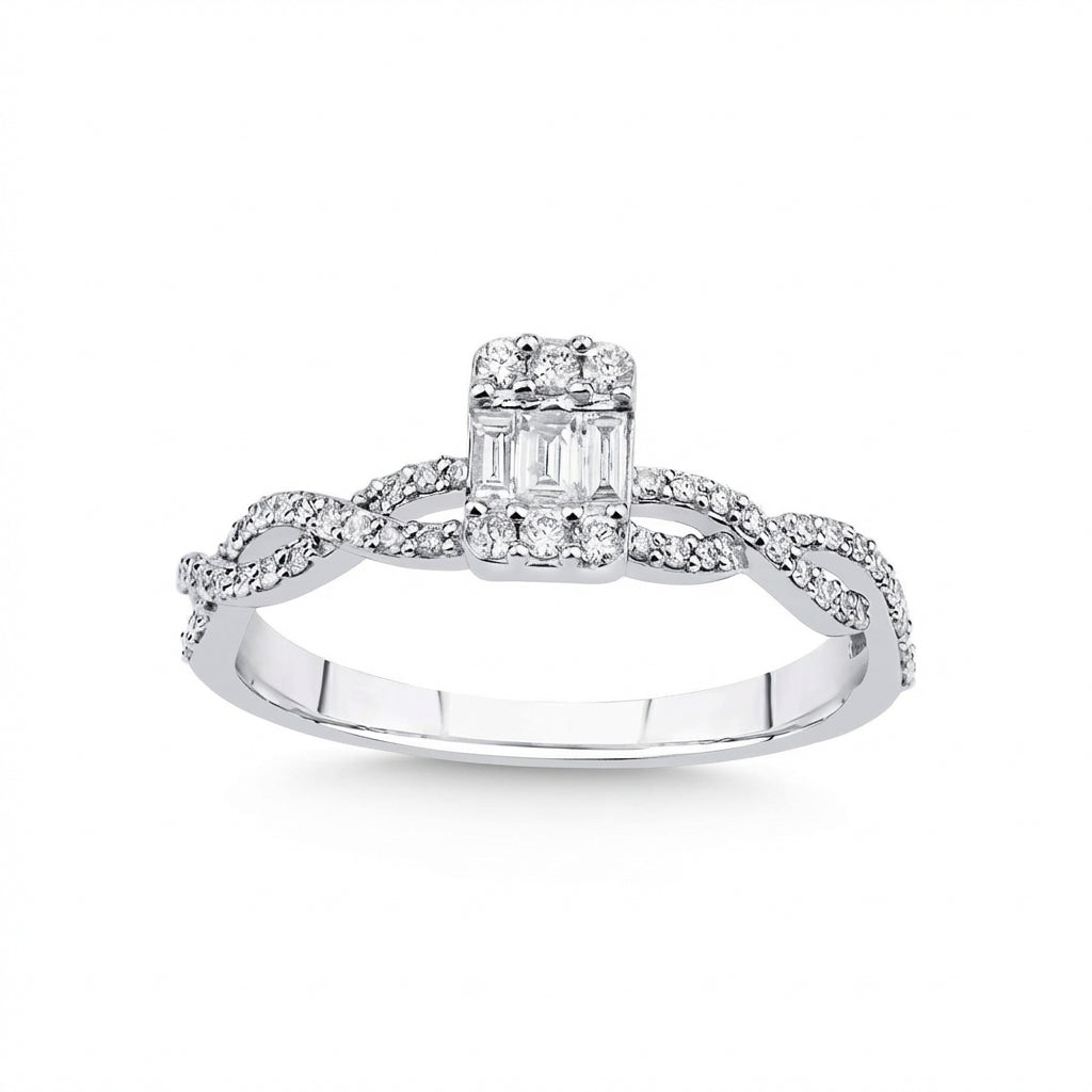 Baguette Diamond Center Ring with Pavé Infinity Band – 14K White Gold