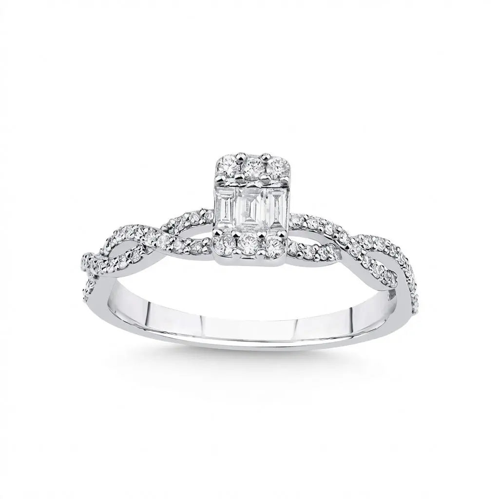 Baguette Diamond Center Ring with Pavé Infinity Band – 14K White Gold - Majestic Jewellery