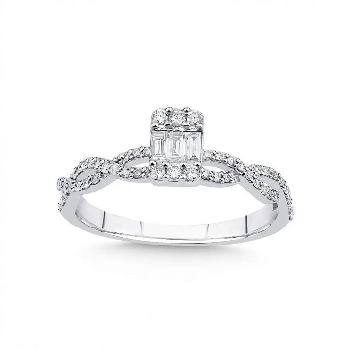 Baguette Diamond Center Ring with Pavé Infinity Band – 14K White Gold - Majestic Jewellery