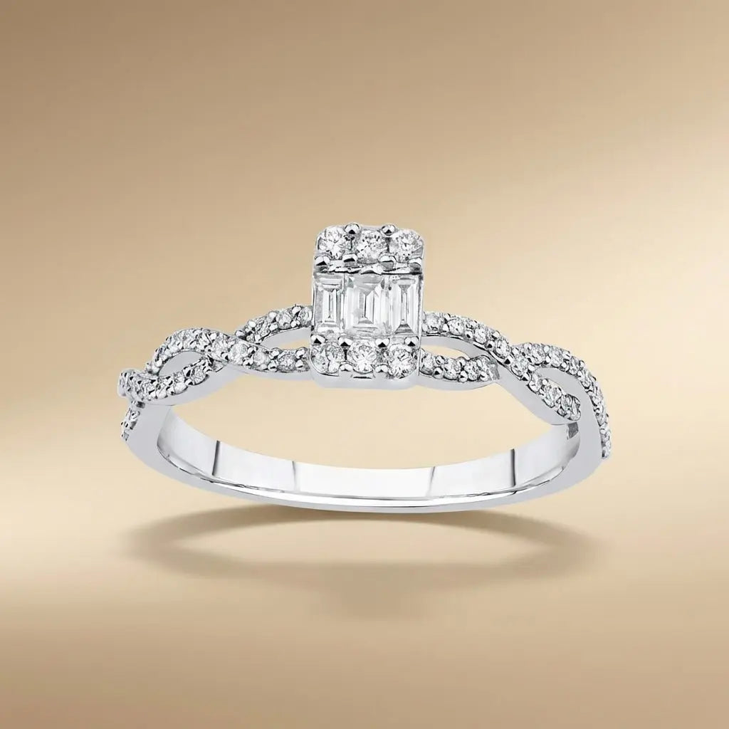 Baguette Diamond Center Ring with Pavé Infinity Band – 14K White Gold - Majestic Jewellery