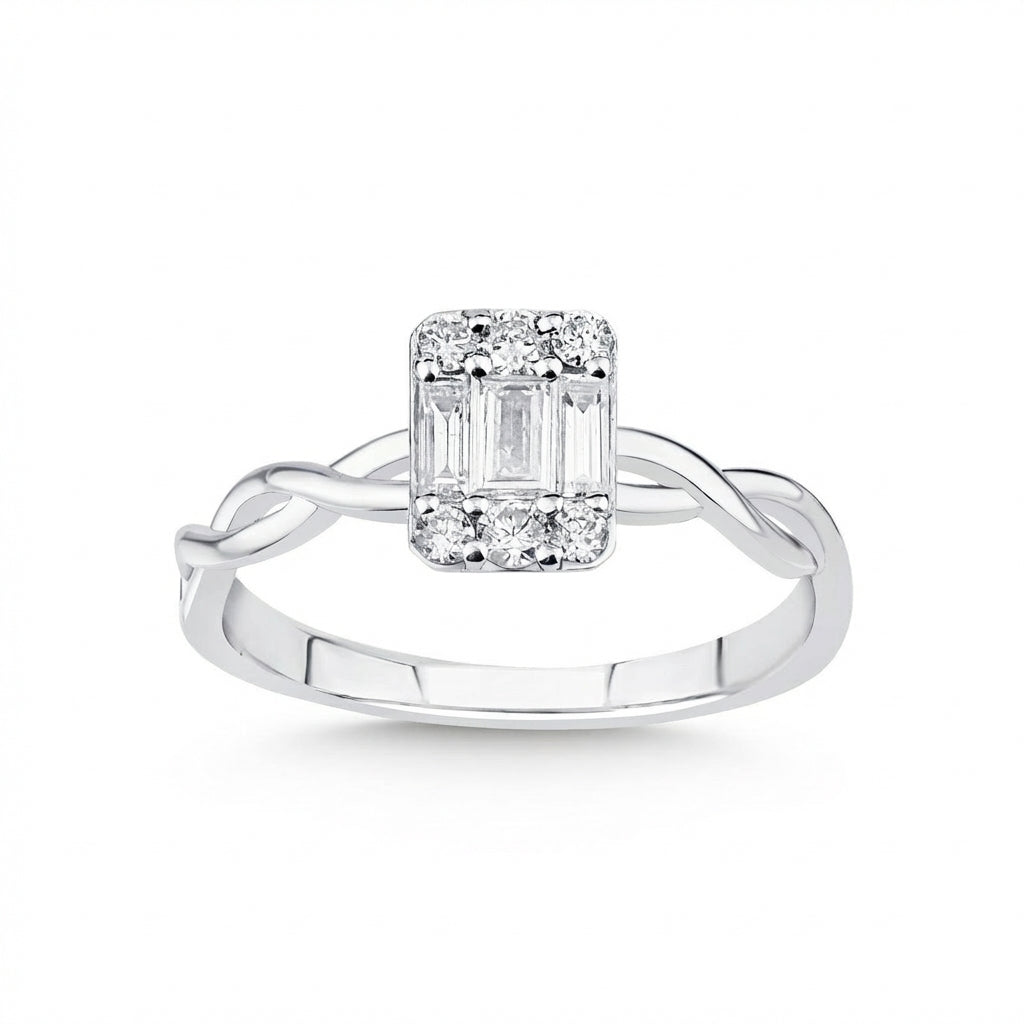 Baguette Diamond Cluster Ring with Twisted Band – 14K White Gold