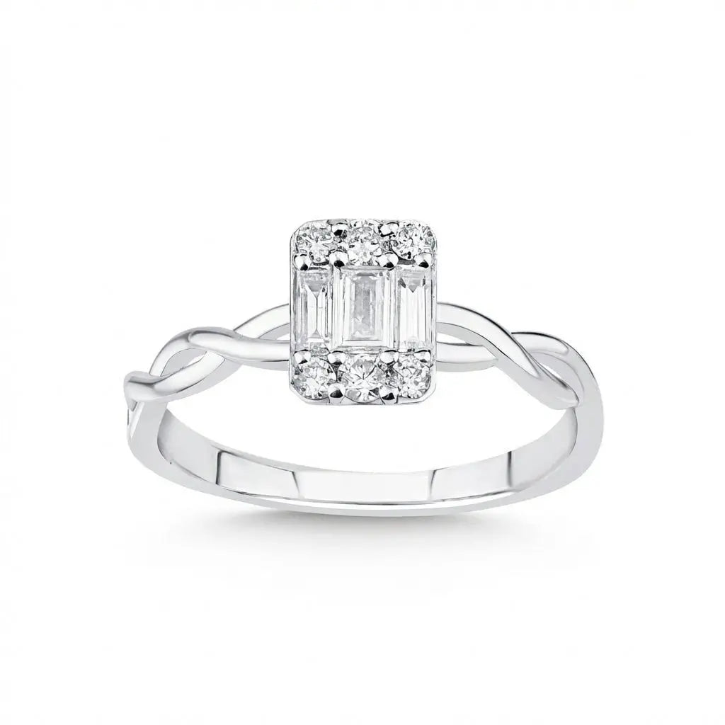 Baguette Diamond Cluster Ring with Twisted Band – 14K White Gold - Majestic Jewellery
