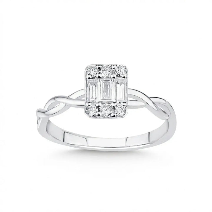 Baguette Diamond Cluster Ring with Twisted Band – 14K White Gold - Majestic Jewellery