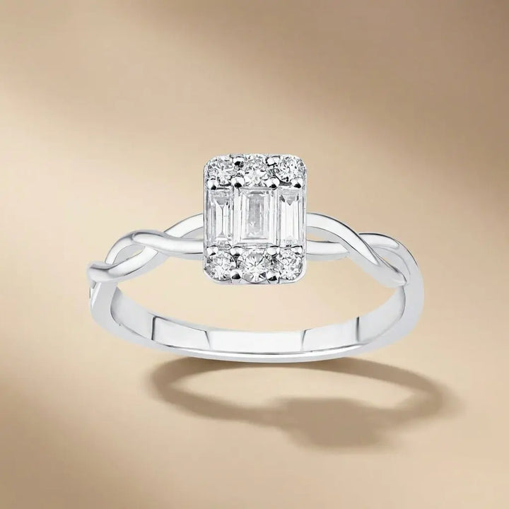 Baguette Diamond Cluster Ring with Twisted Band – 14K White Gold - Majestic Jewellery