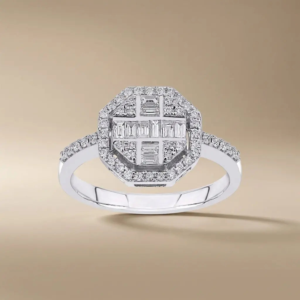 Geometric Baguette & Round Diamond Halo solid diamond ring by Majestic Jewellery