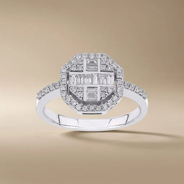 Geometric Baguette & Round Diamond Halo solid diamond ring by Majestic Jewellery