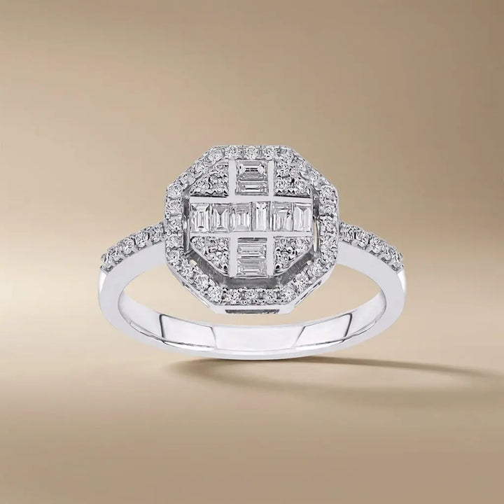 Geometric Baguette & Round Diamond Halo solid diamond ring by Majestic Jewellery