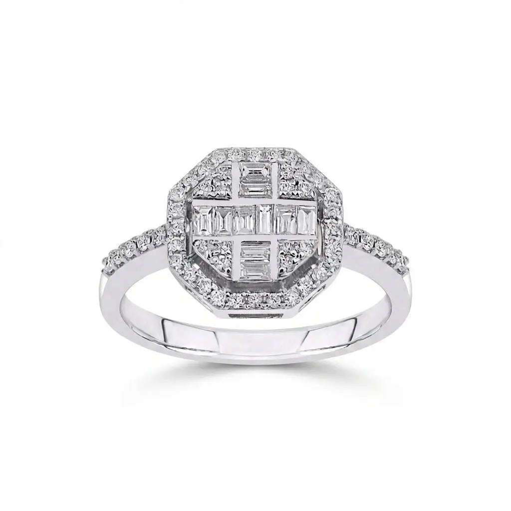 Geometric Baguette & Round Diamond Halo solid diamond ring by Majestic Jewellery