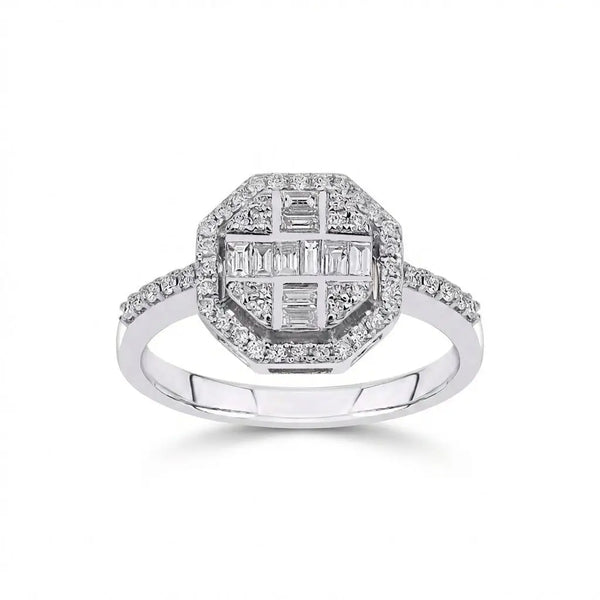 Geometric Baguette & Round Diamond Halo solid diamond ring by Majestic Jewellery