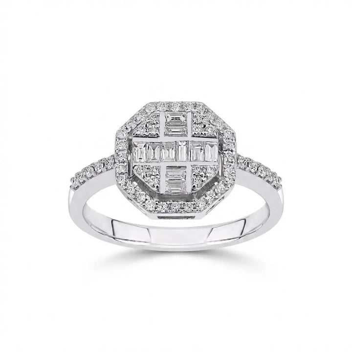 Geometric Baguette & Round Diamond Halo solid diamond ring by Majestic Jewellery
