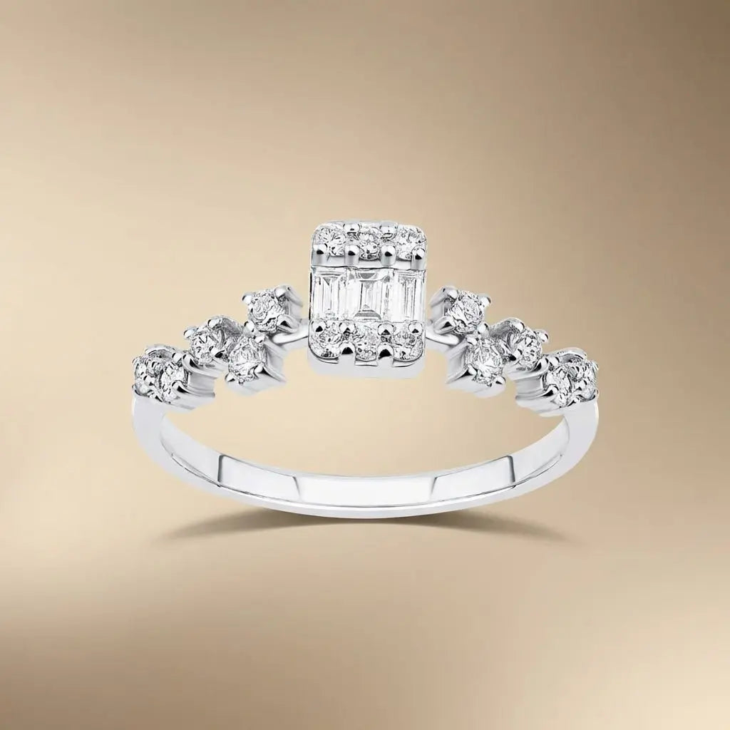 Baguette Center Diamond Ring with Round Diamond Accents – 14K White Gold - Majestic Jewellery