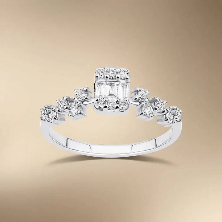 Baguette Center Diamond Ring with Round Diamond Accents – 14K White Gold - Majestic Jewellery