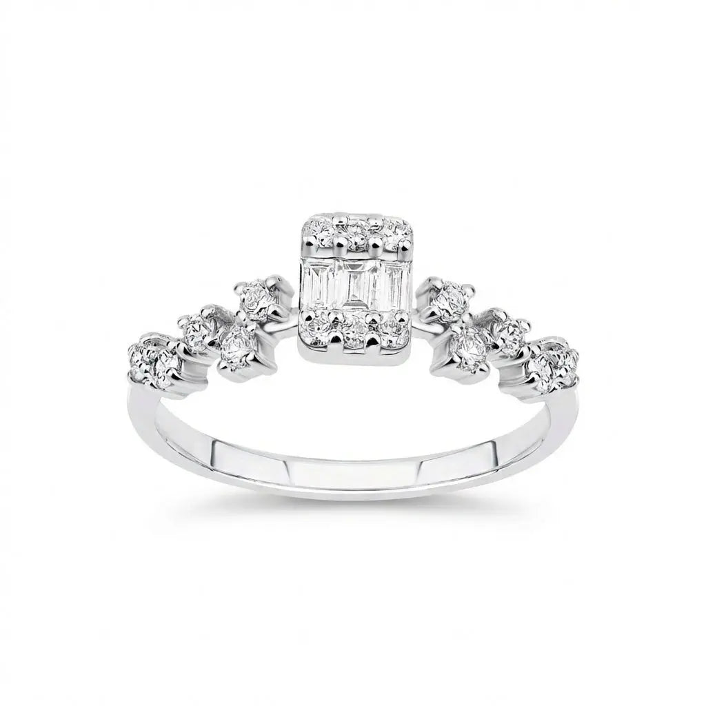 Baguette Center Diamond Ring with Round Diamond Accents – 14K White Gold - Majestic Jewellery