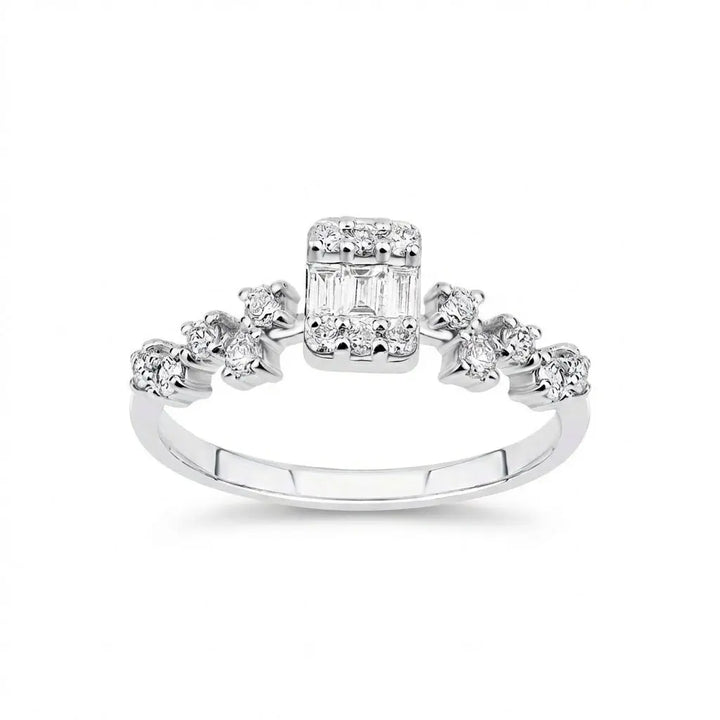 Baguette Center Diamond Ring with Round Diamond Accents – 14K White Gold - Majestic Jewellery
