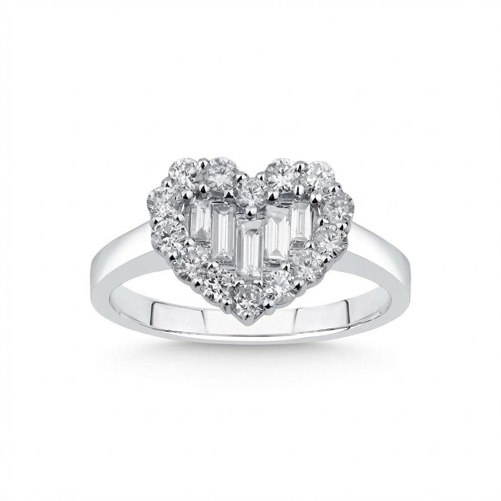 Heart Shape Diamond Cluster Ring with Baguette Center – 14K White Gold