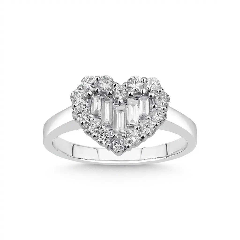 Heart Shape Diamond Cluster with Baguette Center solid diamond ring by Majestic Jewellery