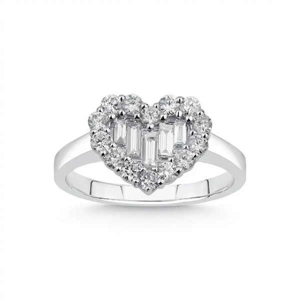 Heart Shape Diamond Cluster with Baguette Center solid diamond ring by Majestic Jewellery