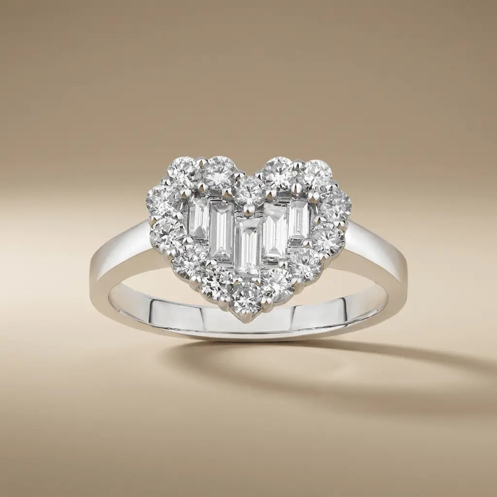 Heart Shape Diamond Cluster with Baguette Center solid diamond ring by Majestic Jewellery