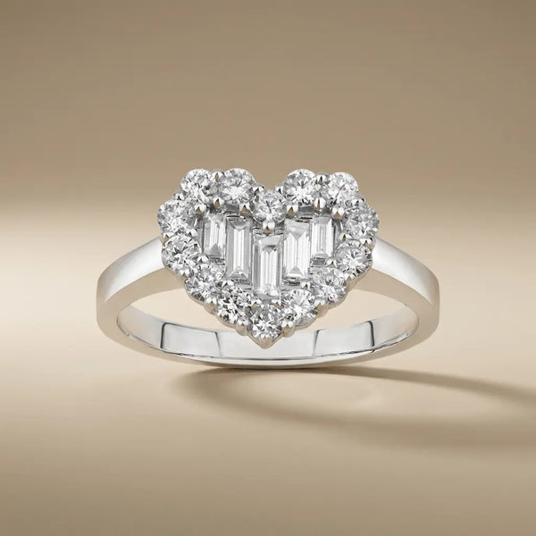Heart Shape Diamond Cluster with Baguette Center solid diamond ring by Majestic Jewellery