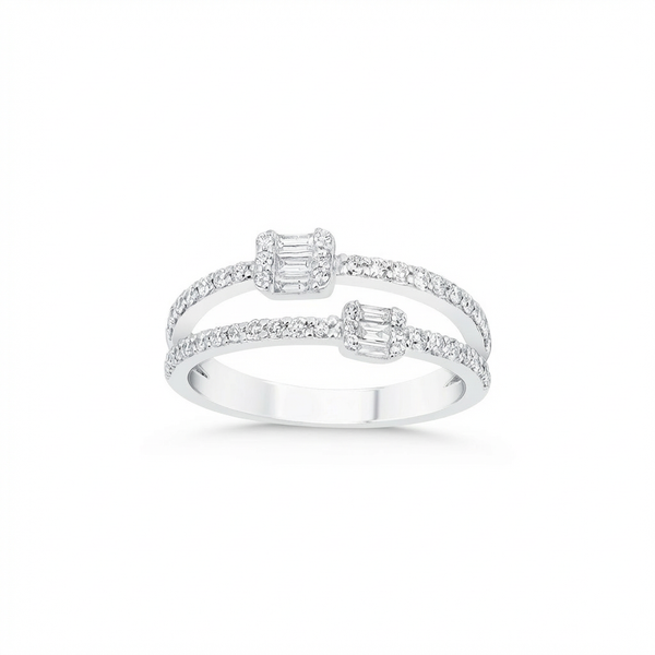 Open Double Band Diamond Ring with Baguette Clusters – 14K White Gold