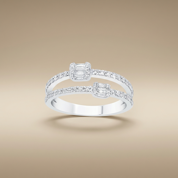 Open Double Band Diamond Ring with Baguette Clusters – 14K White Gold