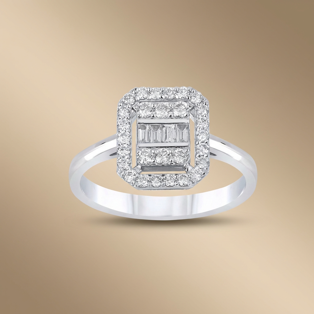 Baguette Halo Diamond Ring — 14K White Gold