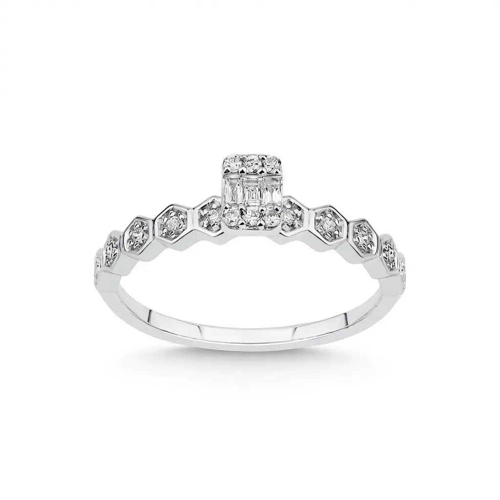 Hexagon Diamond Band Ring with Baguette Center – 14K White Gold - Majestic Jewellery