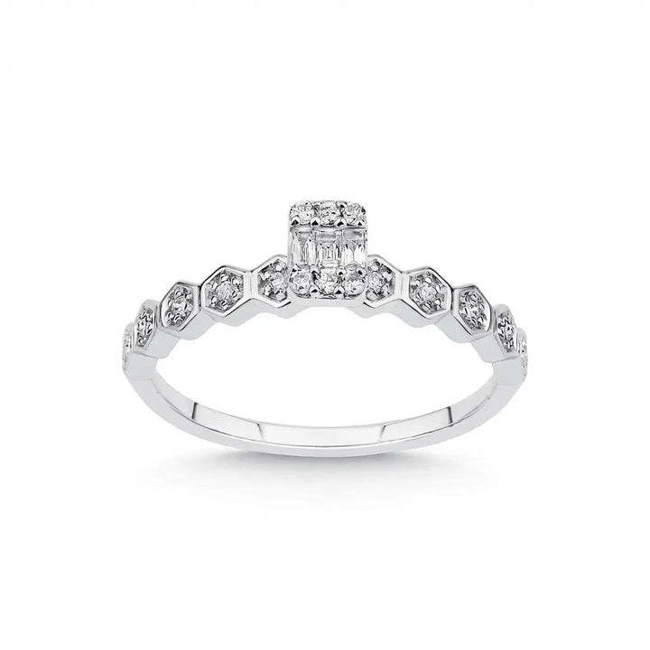 Hexagon Diamond Band Ring with Baguette Center – 14K White Gold - Majestic Jewellery