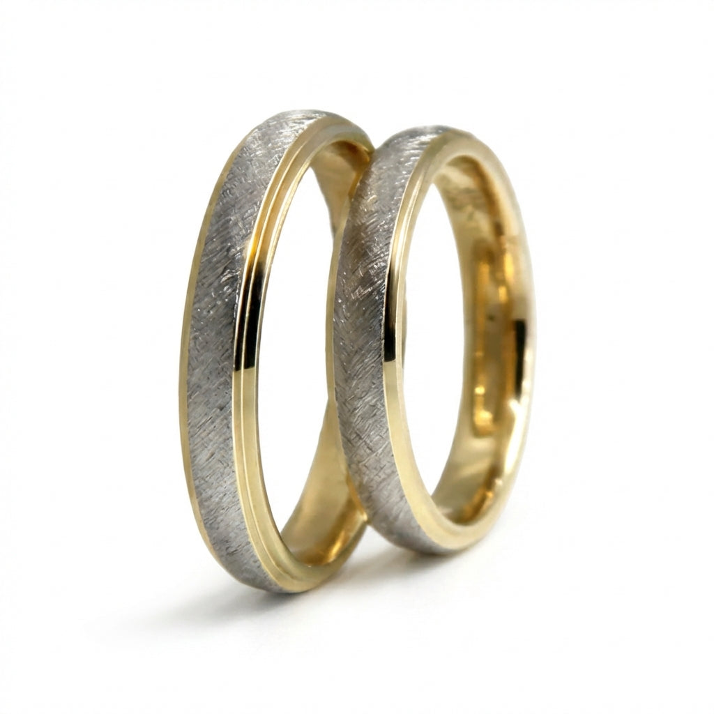 Majestätischer zweifarbiger, gebürsteter Ehering aus 14-karätigem Gold – 4 mm