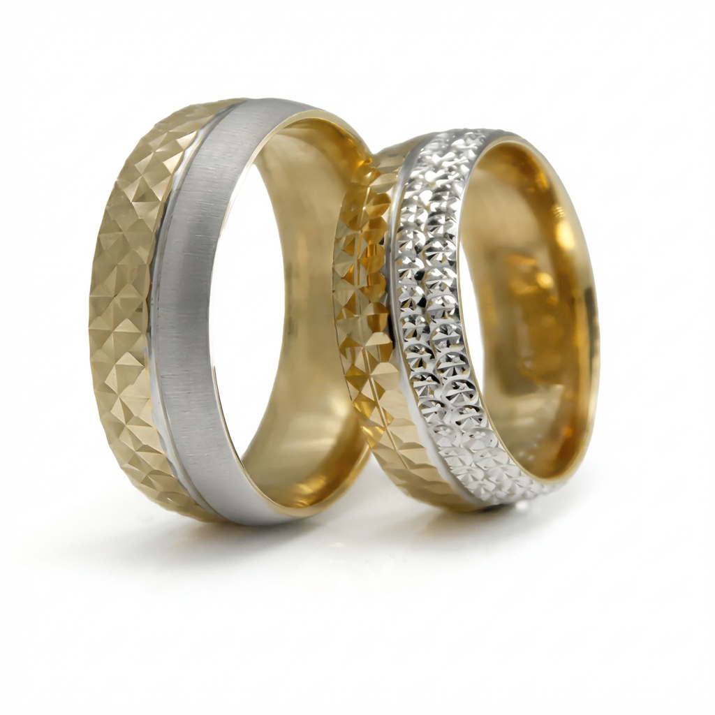 Majestätischer zweifarbiger, diamantgeschliffener Ehering aus 14-karätigem Gold – 7 mm