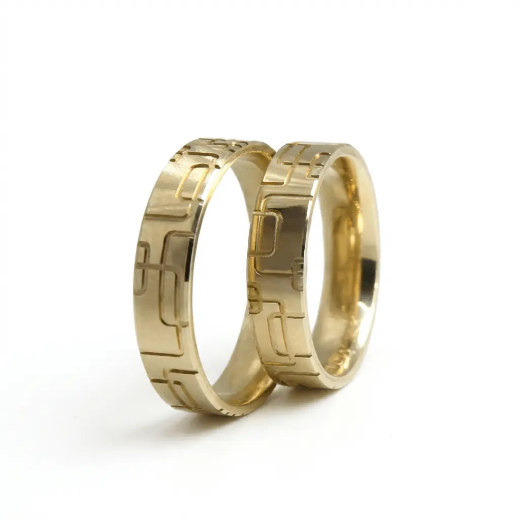 Majestic Geometric Block Pattern 14K Gold Wedding Band — 5mm - Majestic Jewellery