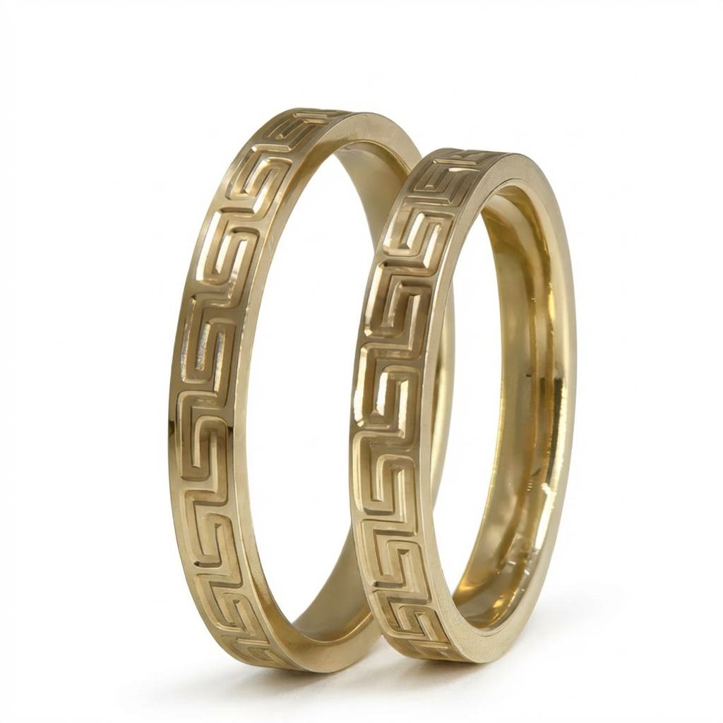 Majestätischer Ehering aus 14-karätigem Gold mit graviertem griechischem Mäandermuster – 3 mm