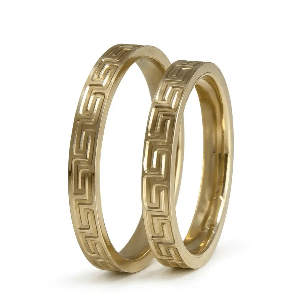 Greek Key Engraved 3mm gold wedding band by Majestic Jewellery