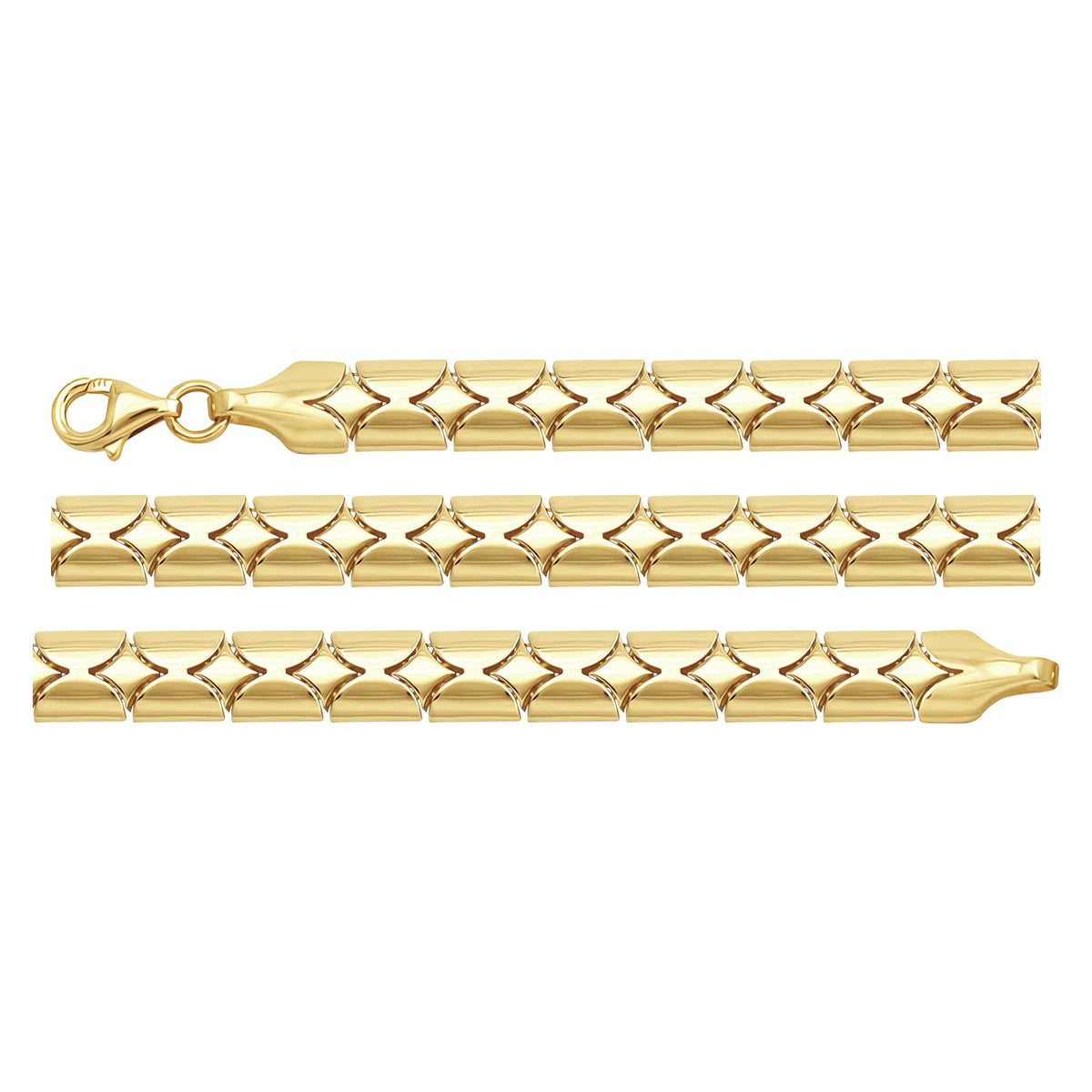Solid gold braided bracelet, 7.35 g — shown in three rows across the frame.