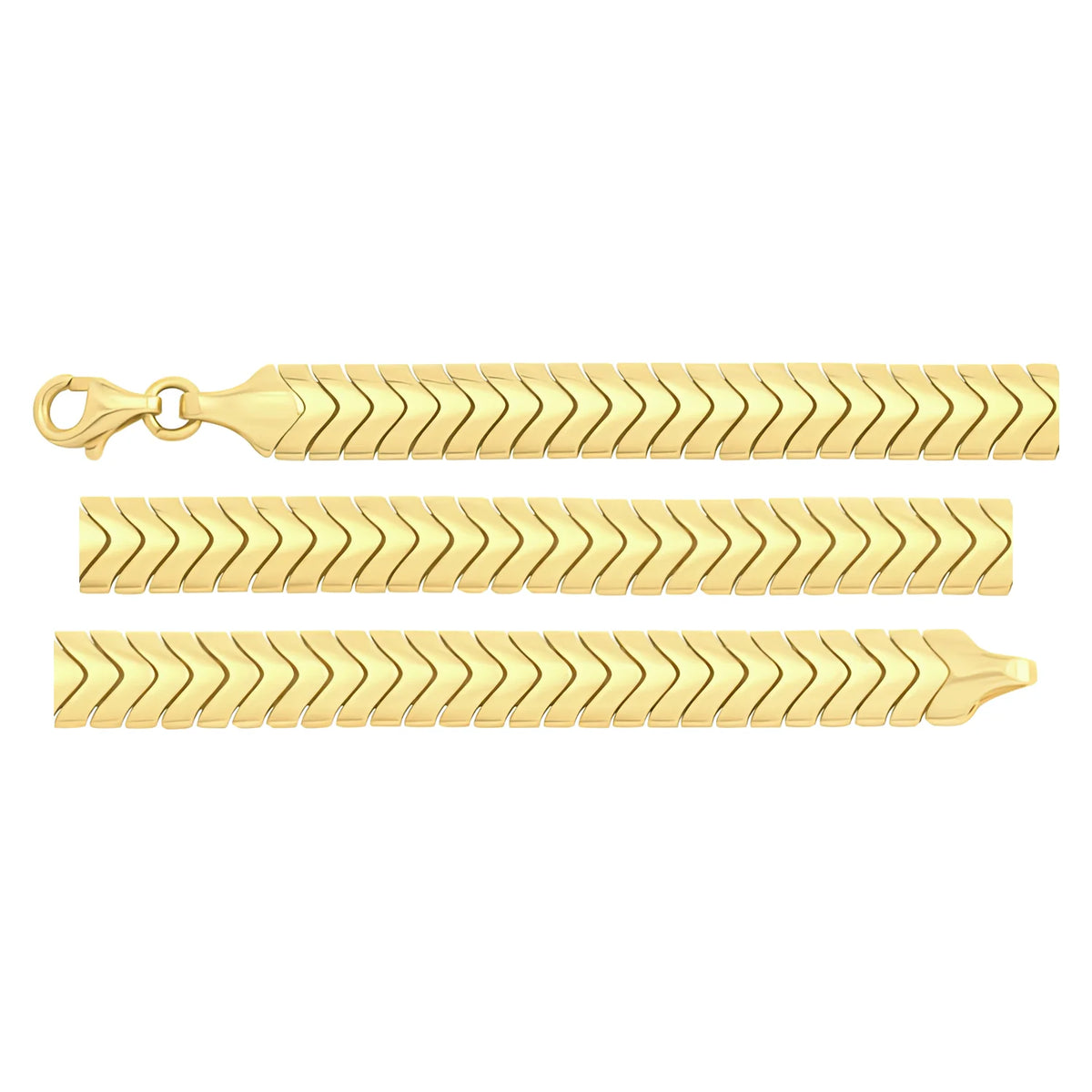 Solid gold herringbone bracelet, 7.90 g — shown in three rows across the frame.