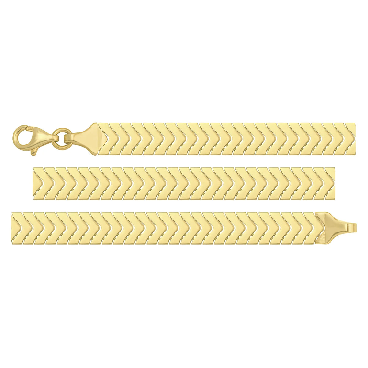 Solid gold herringbone bracelet, 6.95 g — shown in three rows across the frame.
