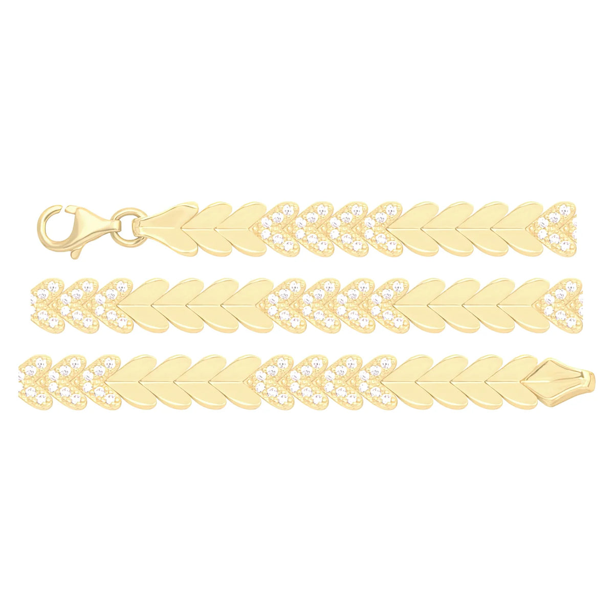 Solid gold herringbone bracelet, 13.35 g — shown in three rows across the frame.