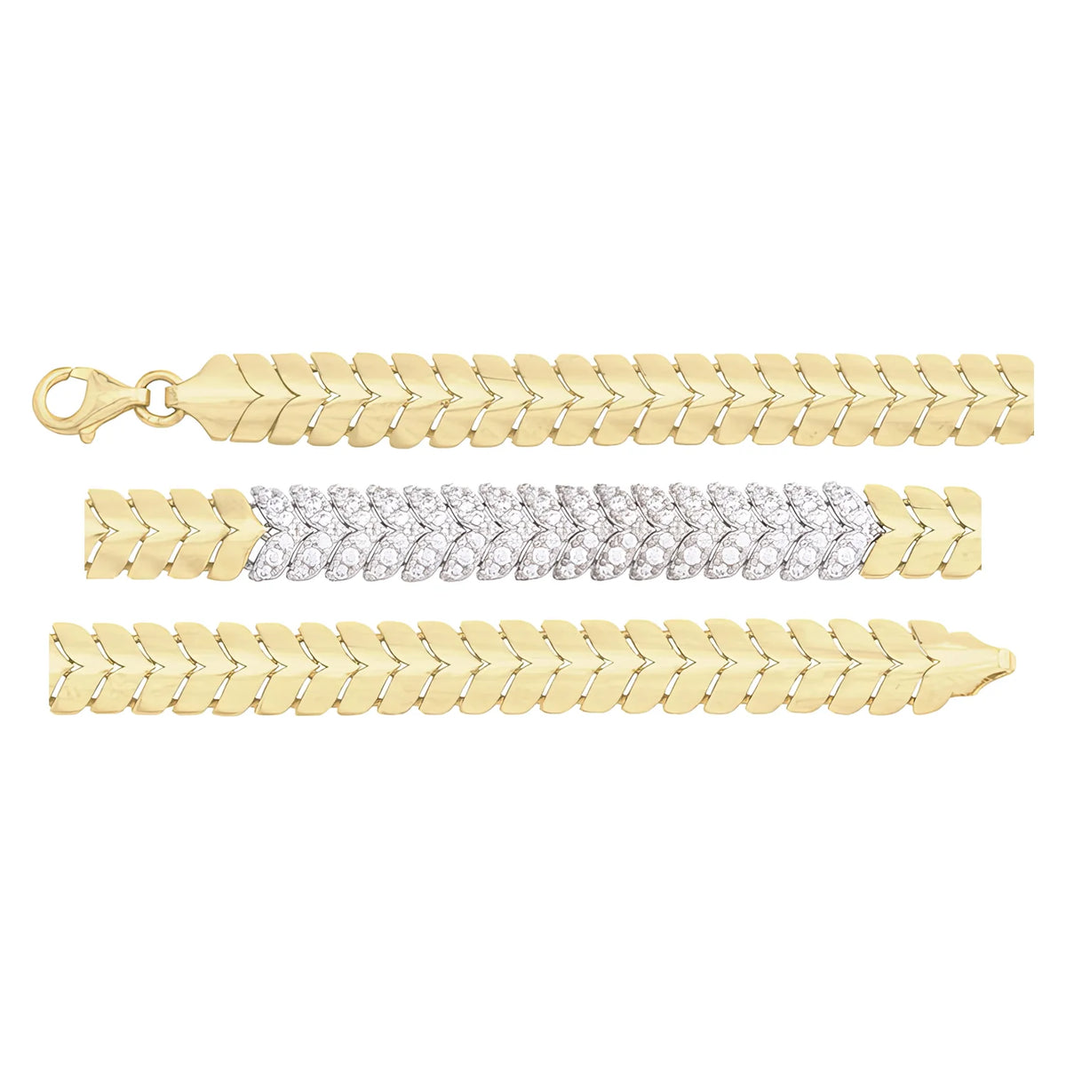 Solid gold herringbone bracelet, 8.95 g — shown in three rows across the frame.
