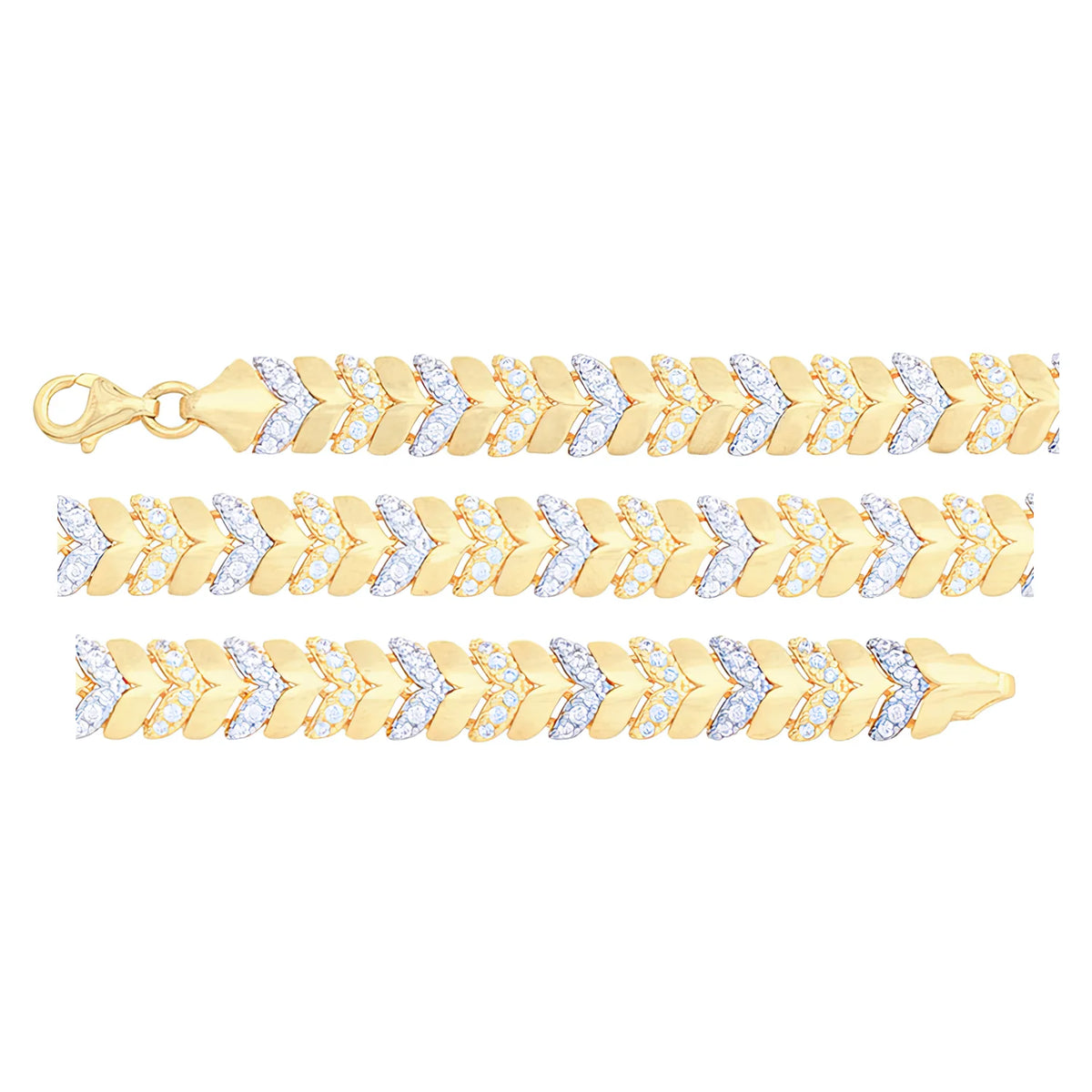 Solid gold herringbone bracelet, 9.90 g — shown in three rows across the frame.