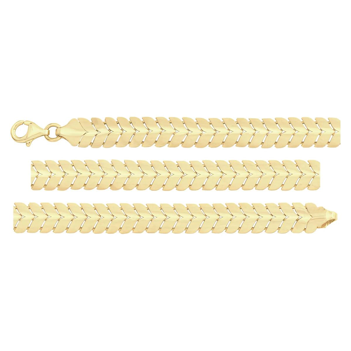 Solid gold herringbone bracelet, 8.55 g — shown in three rows across the frame.